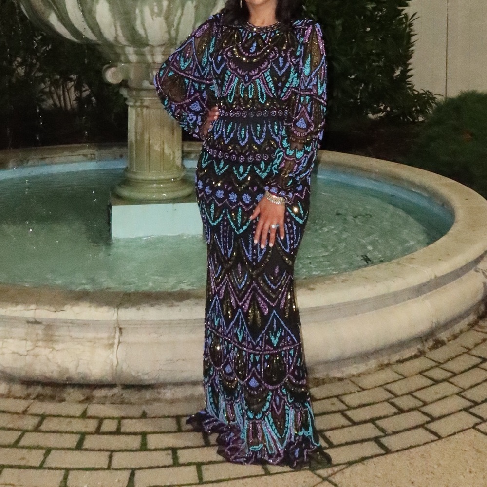 Beaded Black and Purple Sequin Gown